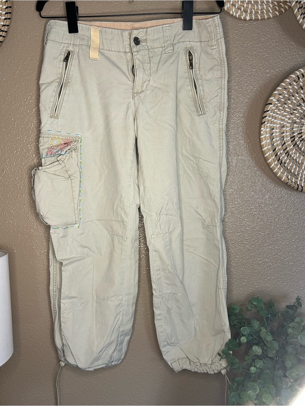 Express Embroidered Beige Cargo Jogger Pants with Utility Pocket